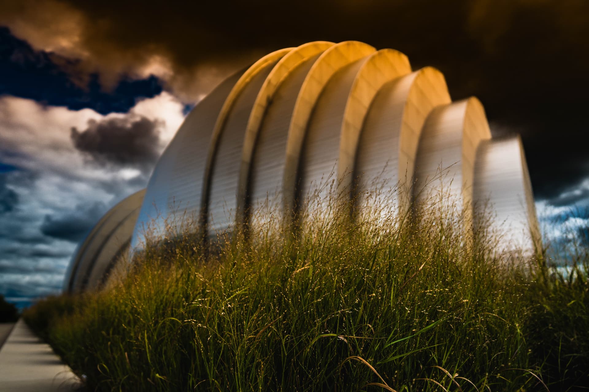 The Kauffman Center — golden shell-like roofs rising over tall grass under a darkening sky